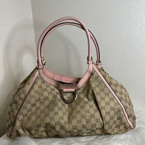 Gucci GG Monogram Canvas Hobo Tote Bag Beige Pink Leather Trim